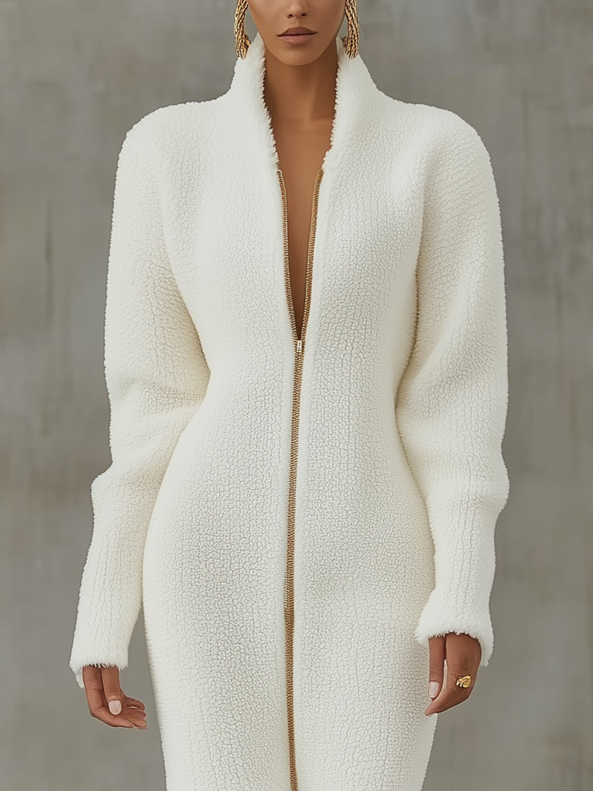 White Lambswool Zip-Front Dress