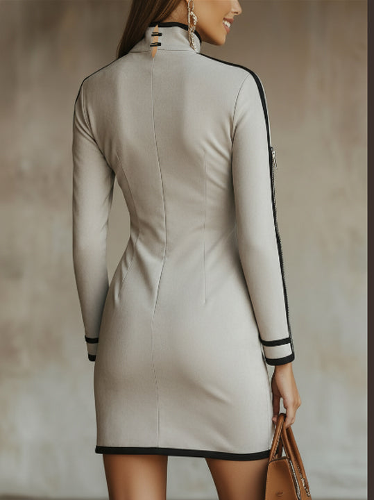 Gray Faux Suede Mock Neck Mini Dress With Zip Sleeve Detail