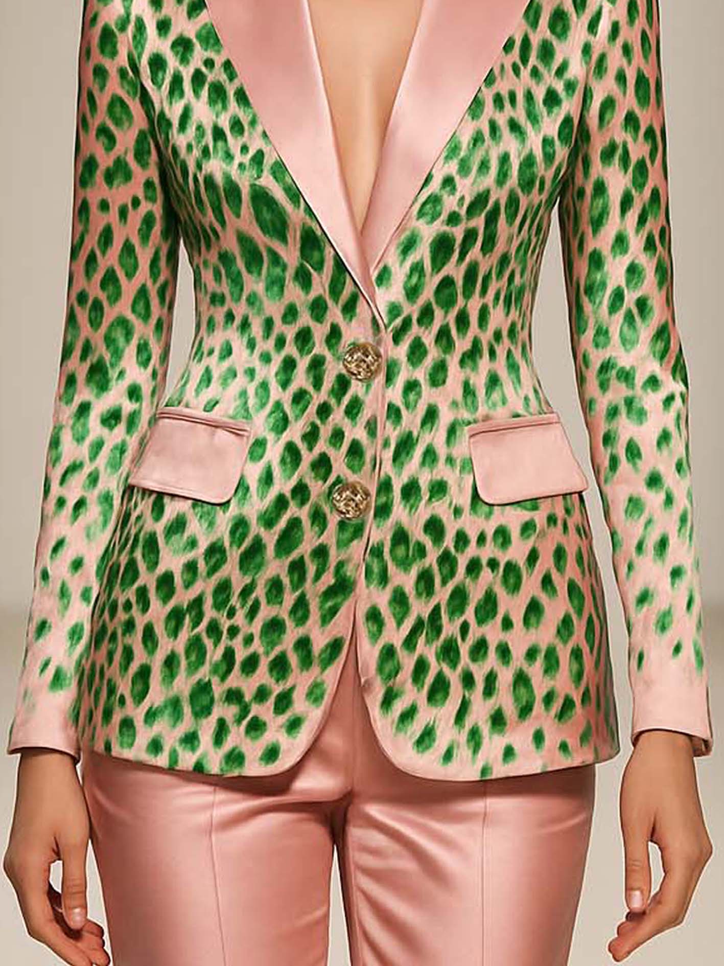 Pink Satin Blazer With Green Leopard Print