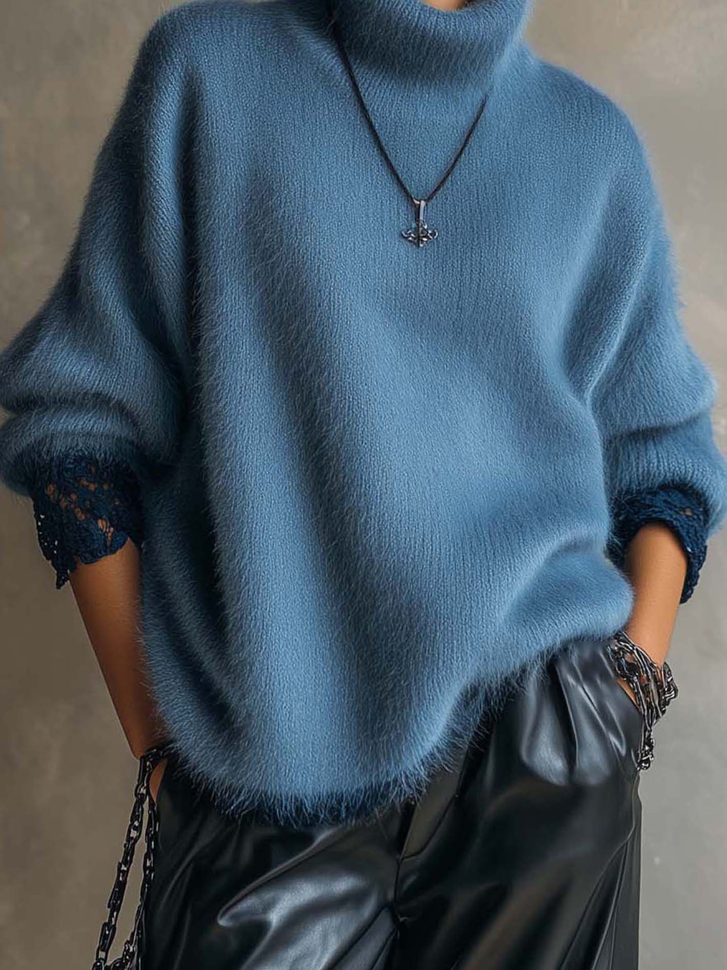 Dusty Blue Fuzzy Turtleneck Sweater With Contrast Lace Cuffs