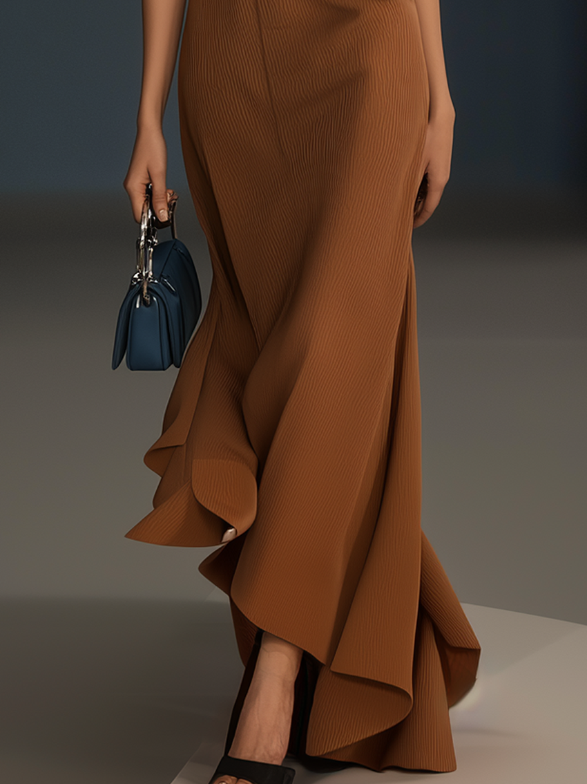 Off-The-Shoulder Texture Brown Maxi Dress With Belt