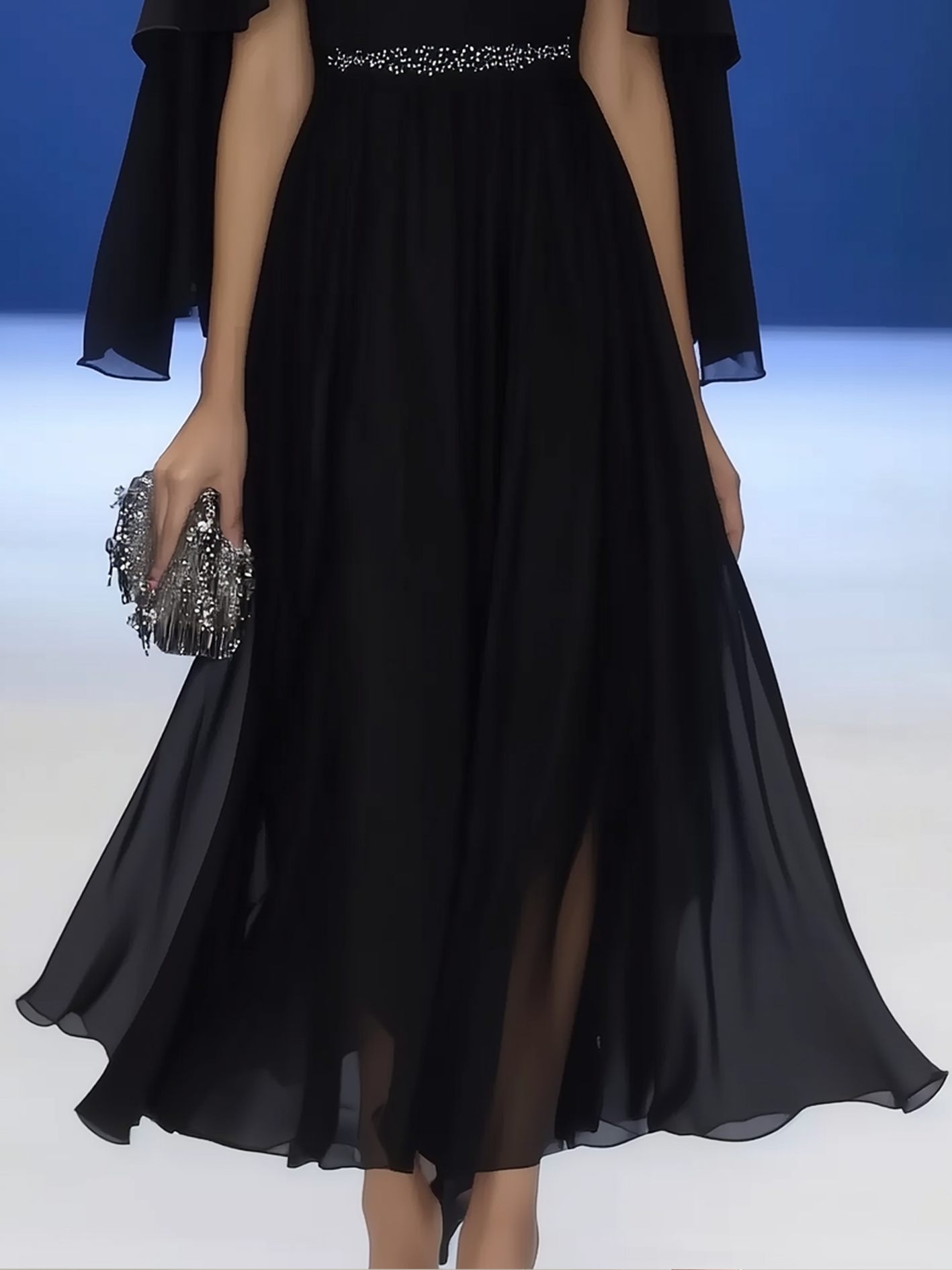 Black Chiffon Maxi Dress With Embellishment At The Waist