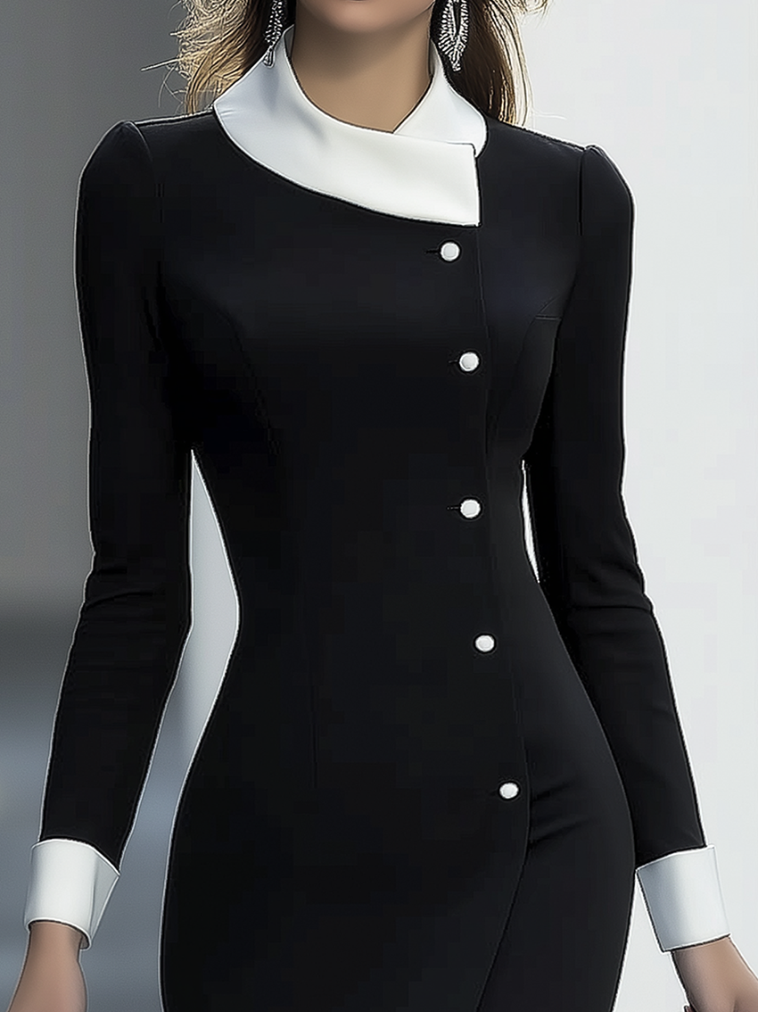 Black Midi Bodycon Dress With White Neckline And Cuffs