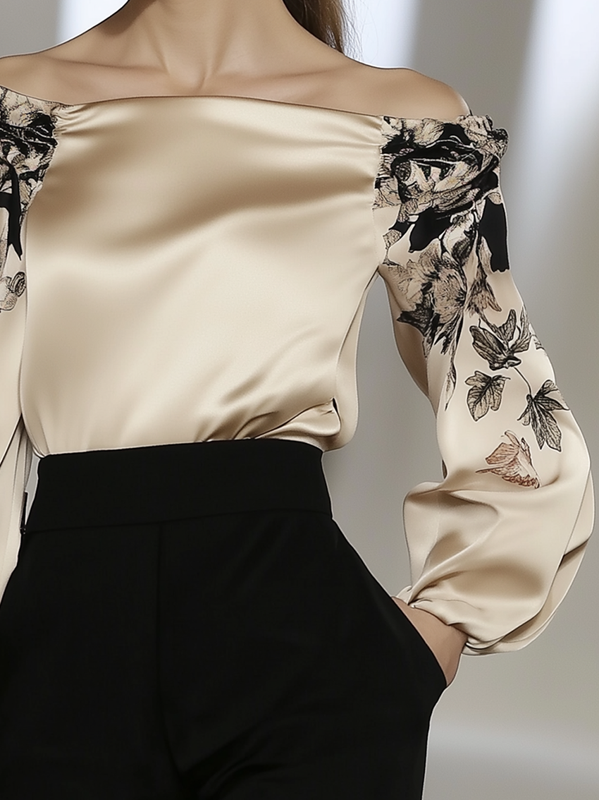 Off Shoulder Champagne Satin Shirt With Black Print Sleeves