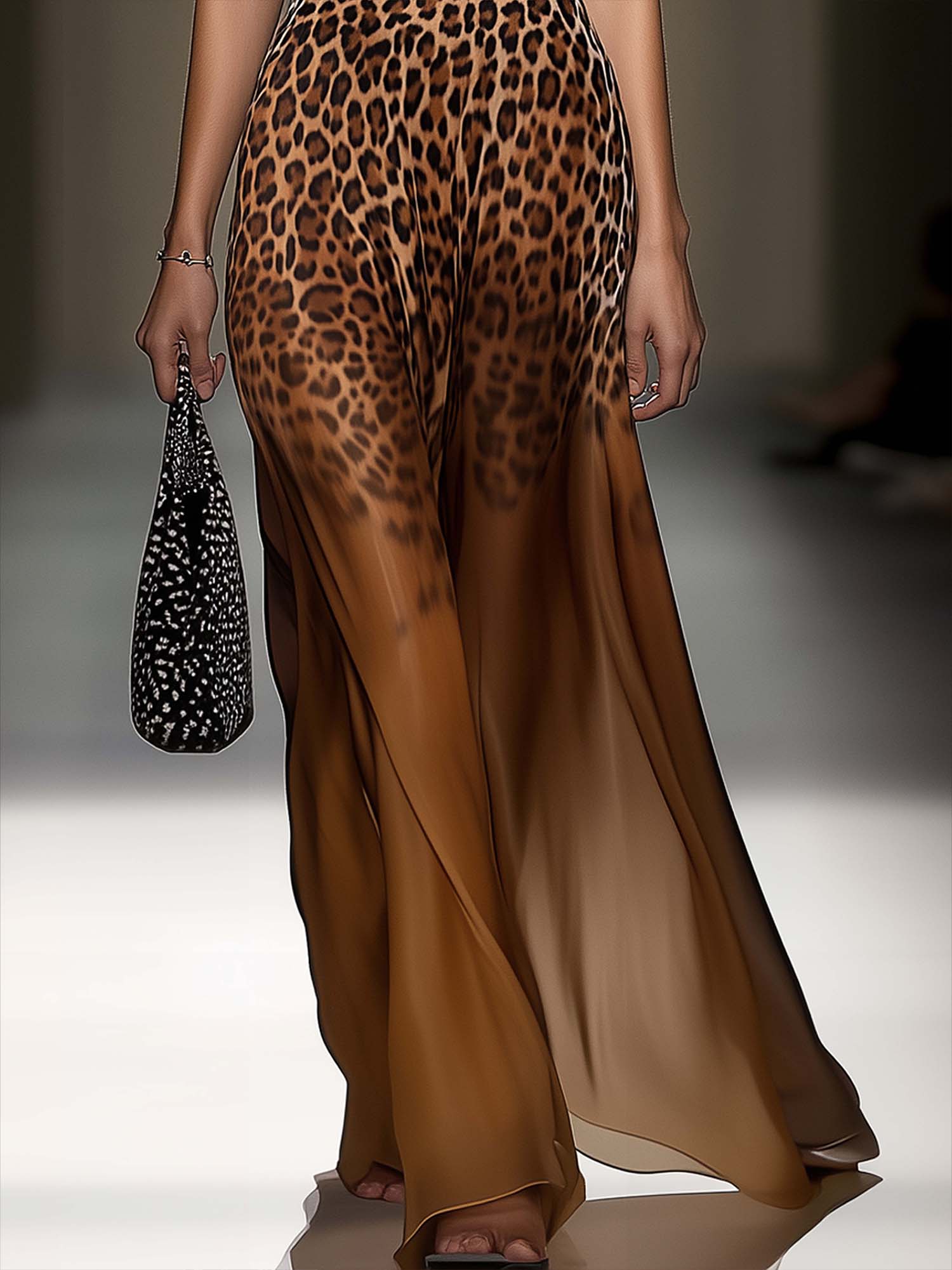 One Shoulder Maxi Dress With Brown Leopard Print