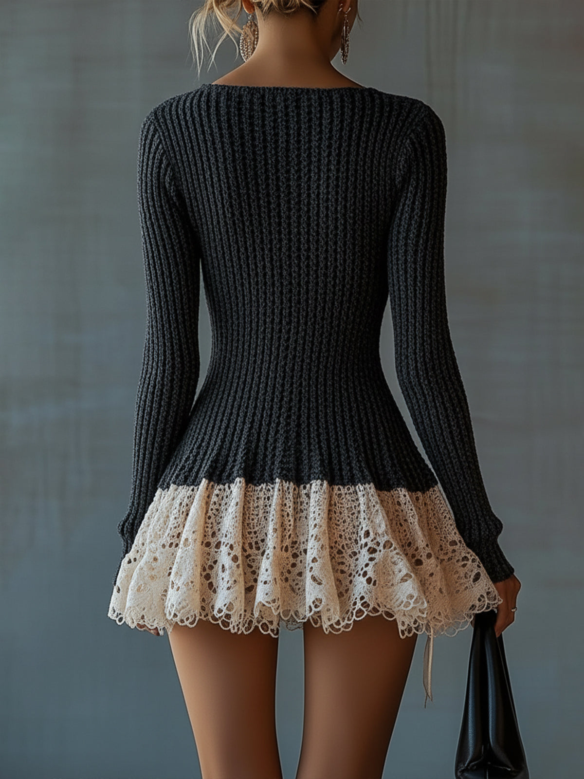 Black Chic Knit And Lace Contrast Dress