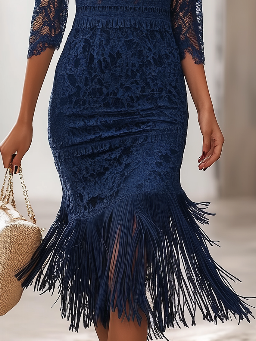 Dark Blue Lace Midi Bodycon Dress With Tassel Decoration