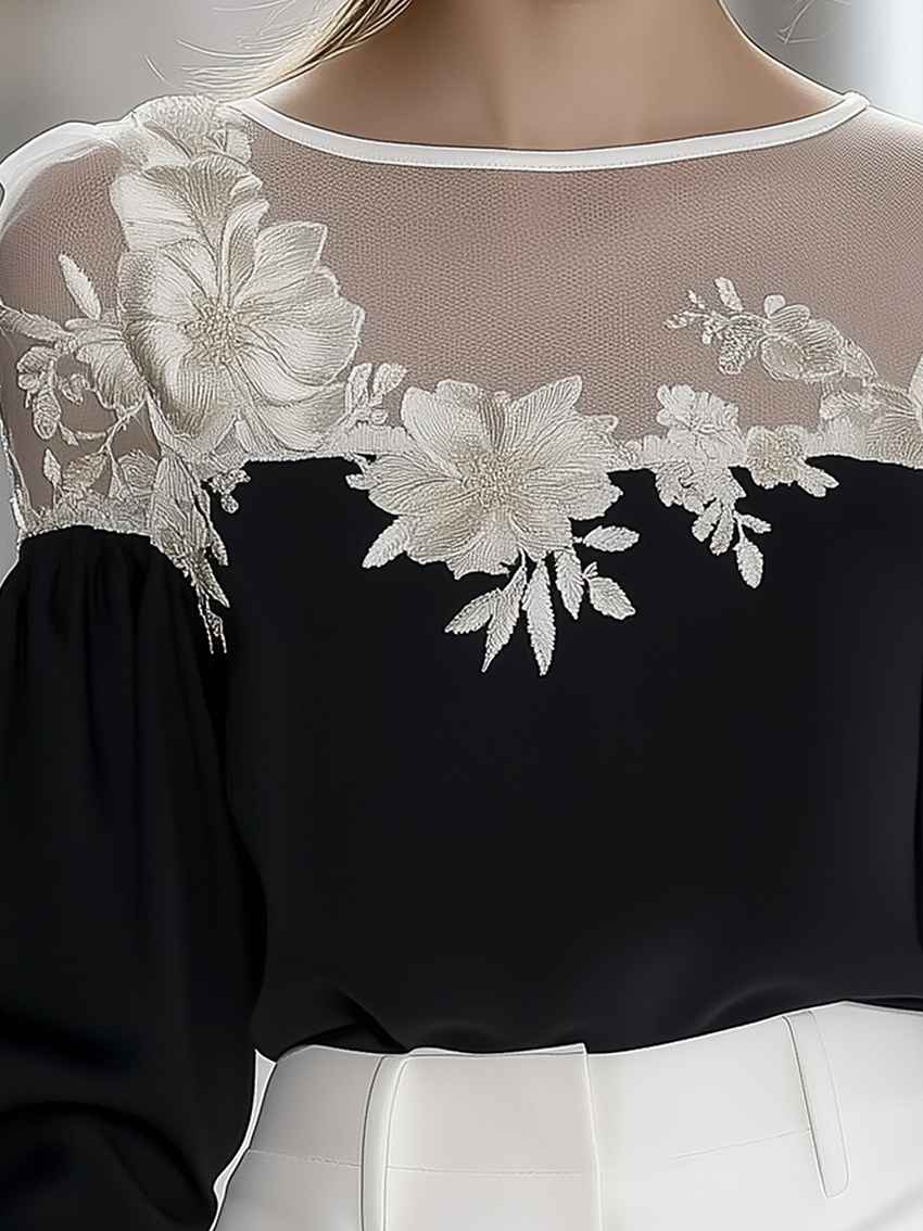 Black Chiffon Shirt With Light Gold Embroidery With White Mesh Stitching At The Neckline