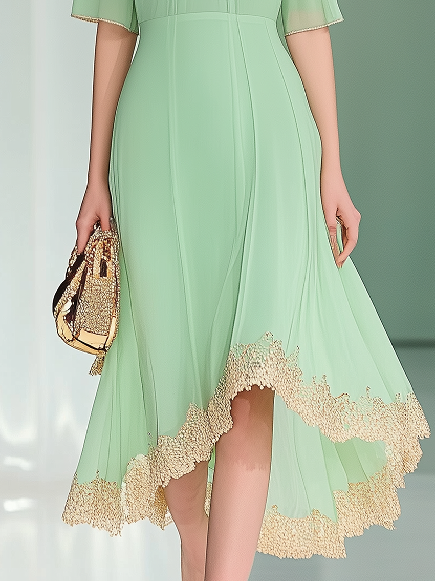 Mint Green Chiffon Dress With Gold Lace Embellishment At Bottom