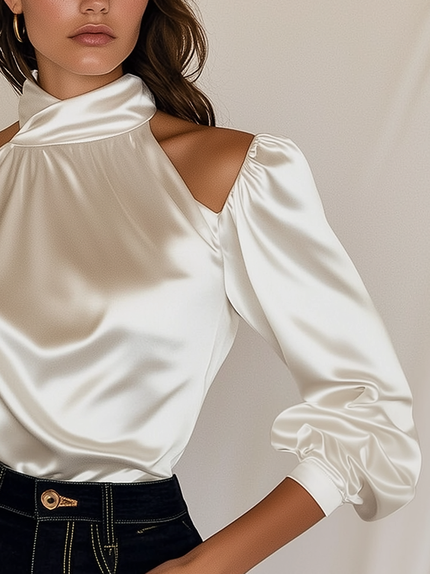 Off-The-Shoulder High Collar White Satin Shirt