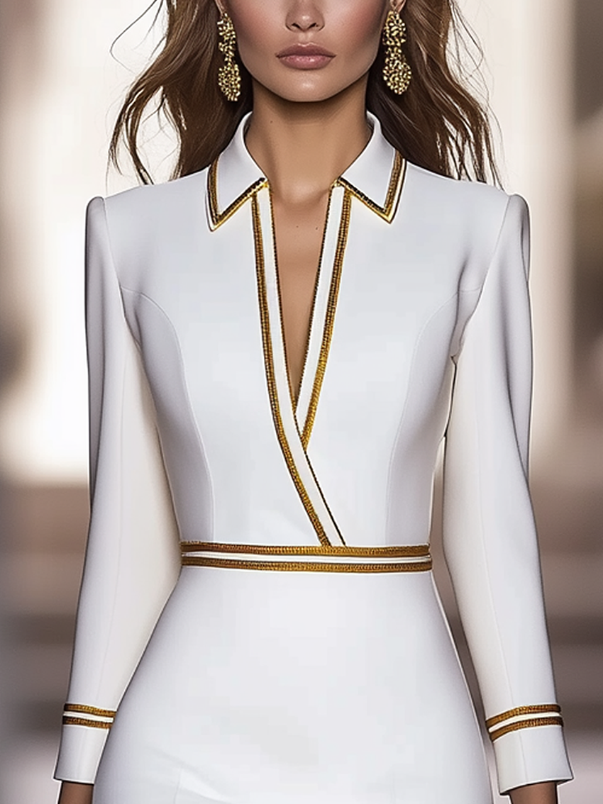 White Midi Bodycon Dress With Lapel And Gold Trim