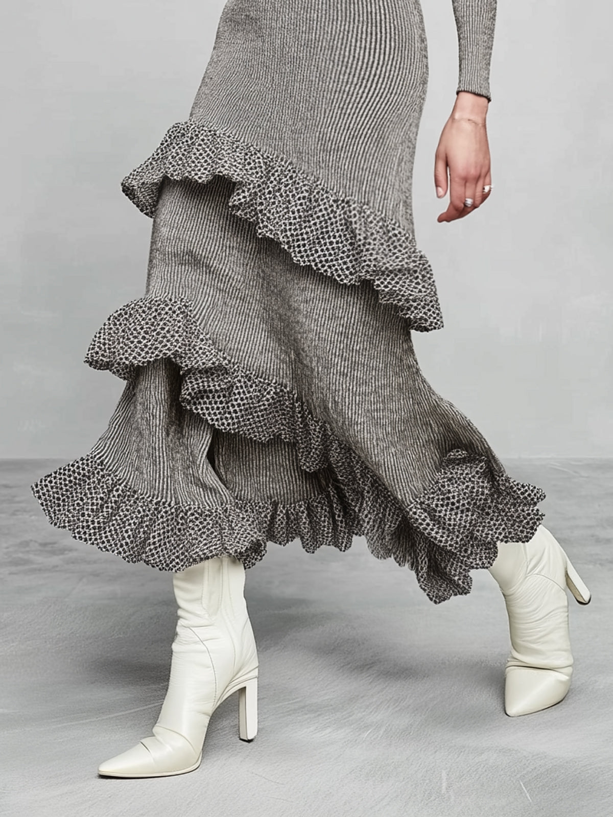 Charcoal Ribbed Knit Ruffle Trim V-Neck Long Sleeve Maxi Dress