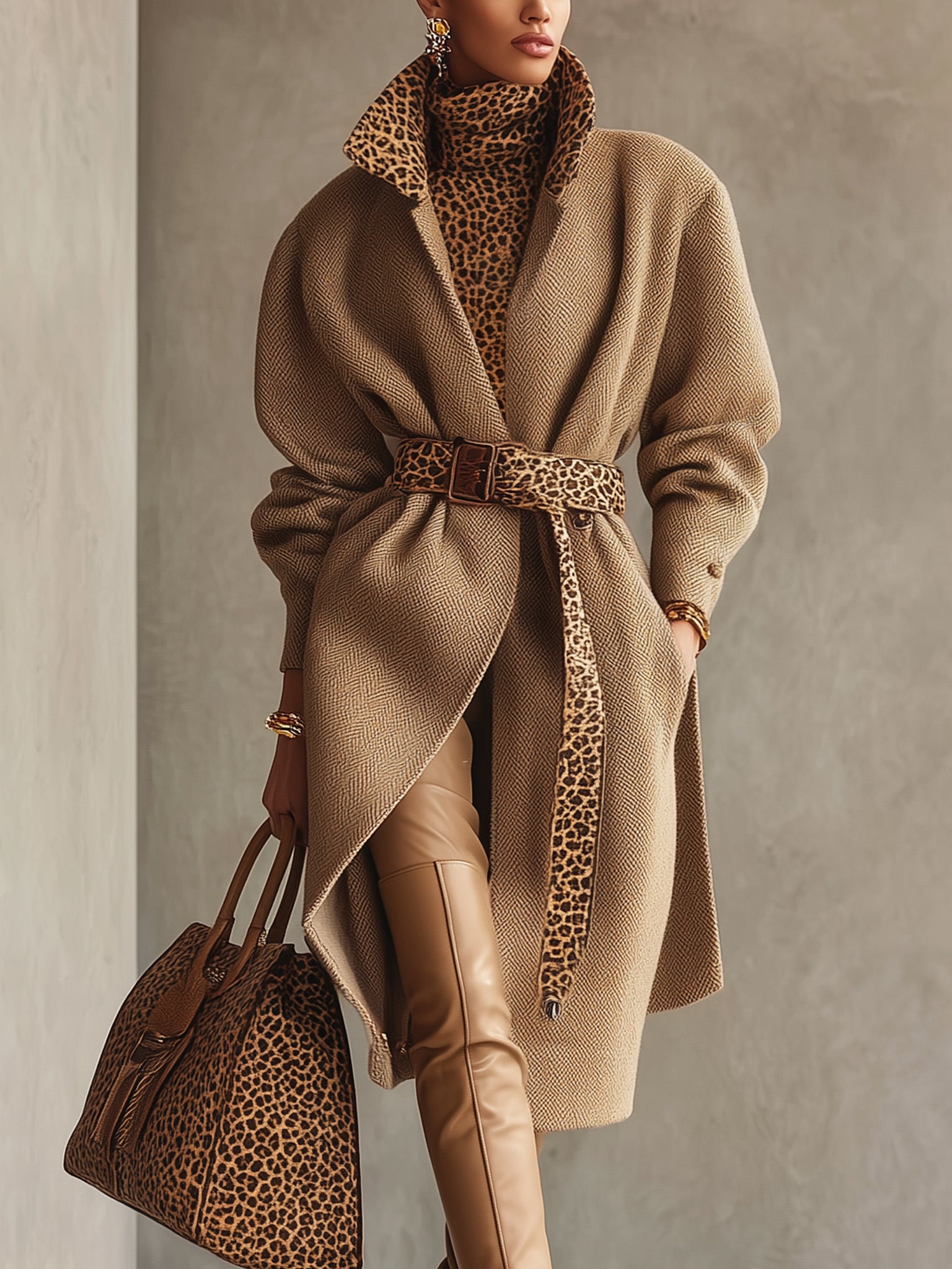 Camel  Herringbone Coat With Leopard Print Belt