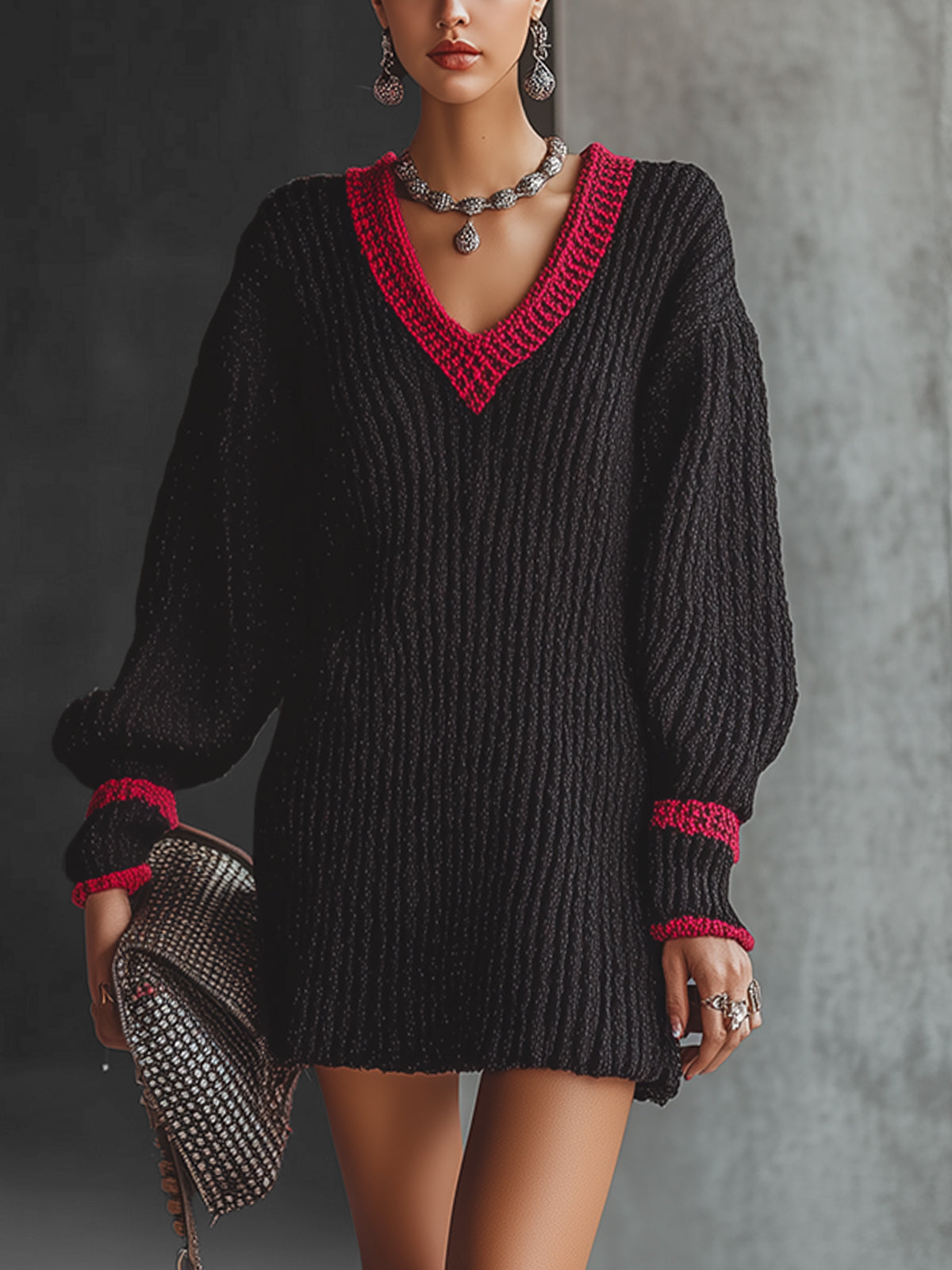 Black Knit V-Neck Dress With Red Trim