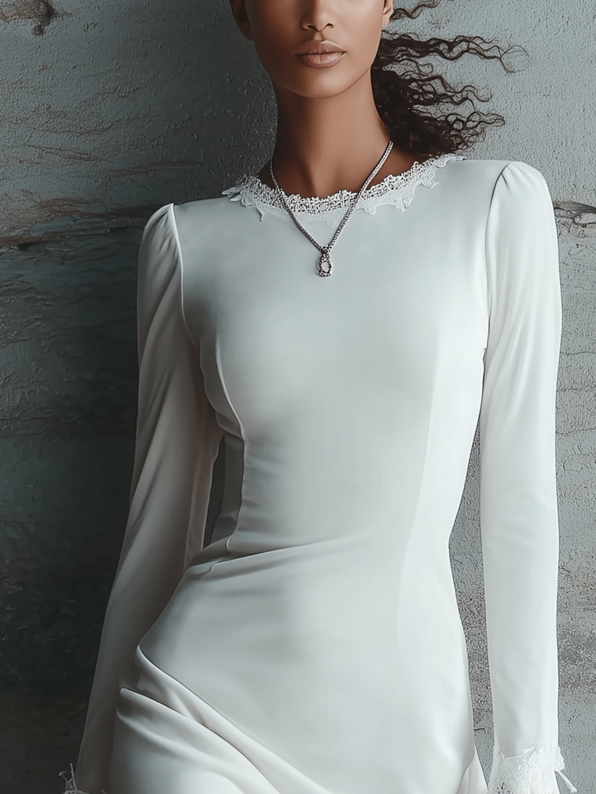 White Mini Dress With Long Sleeves And Scalloped Hem