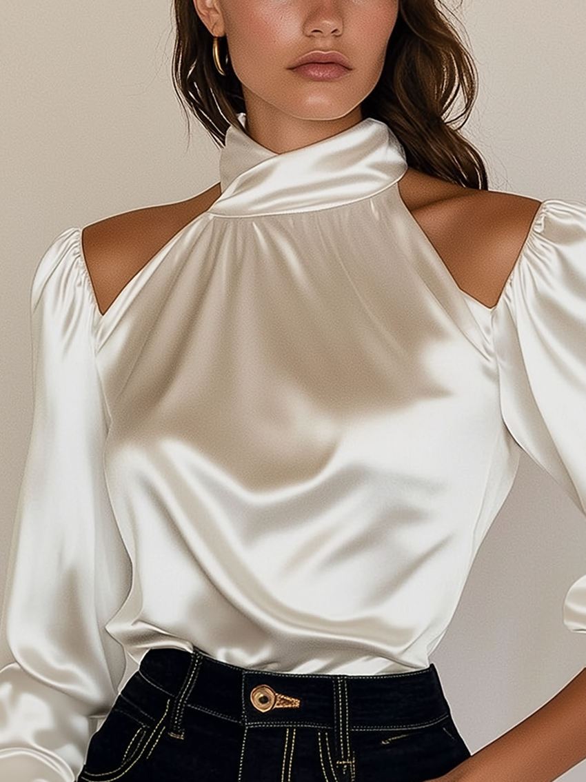 Off-The-Shoulder High Collar White Satin Shirt