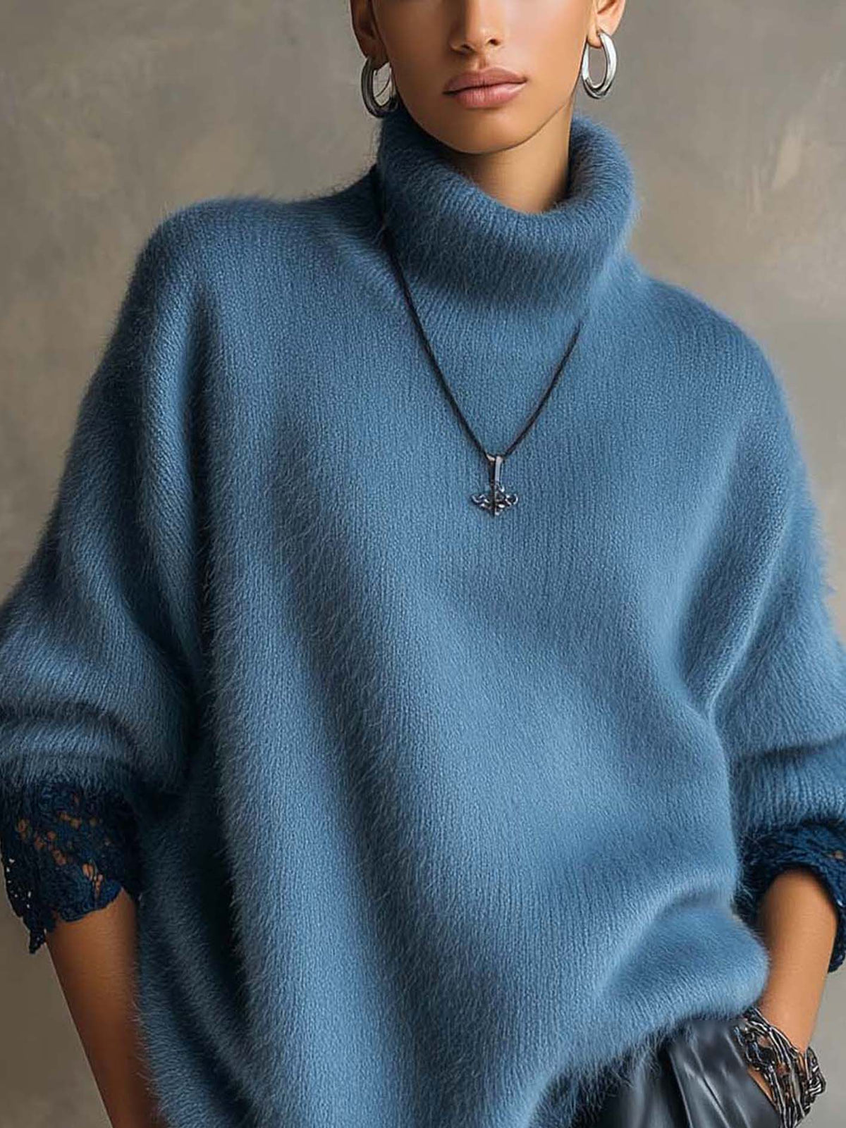 Dusty Blue Fuzzy Turtleneck Sweater With Contrast Lace Cuffs