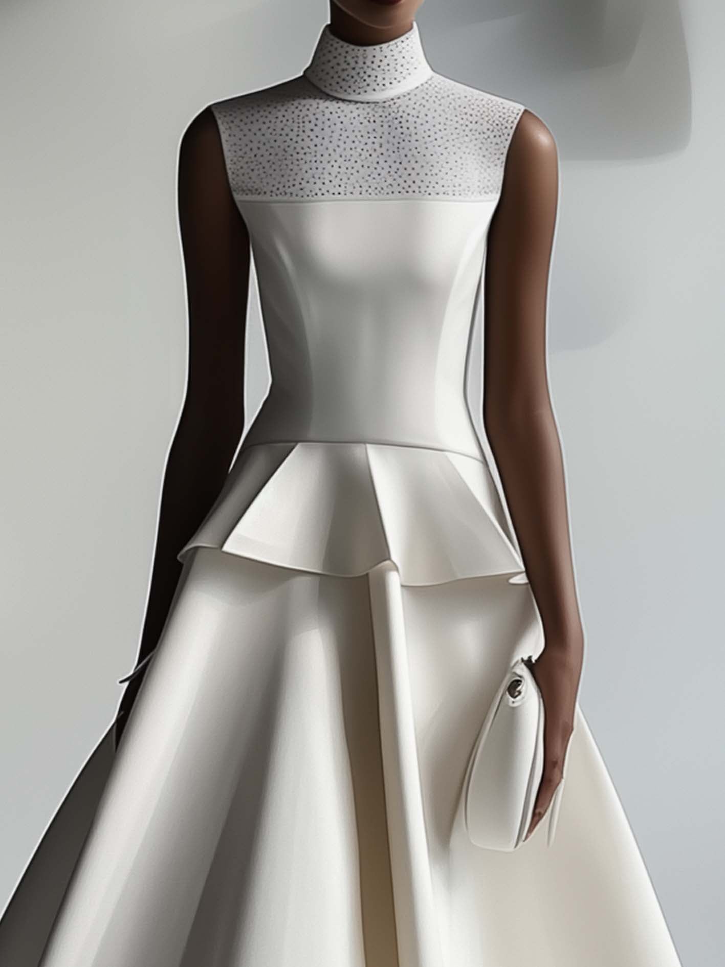 White Satin Maxi Dress With Mesh Neckline And Ruffles