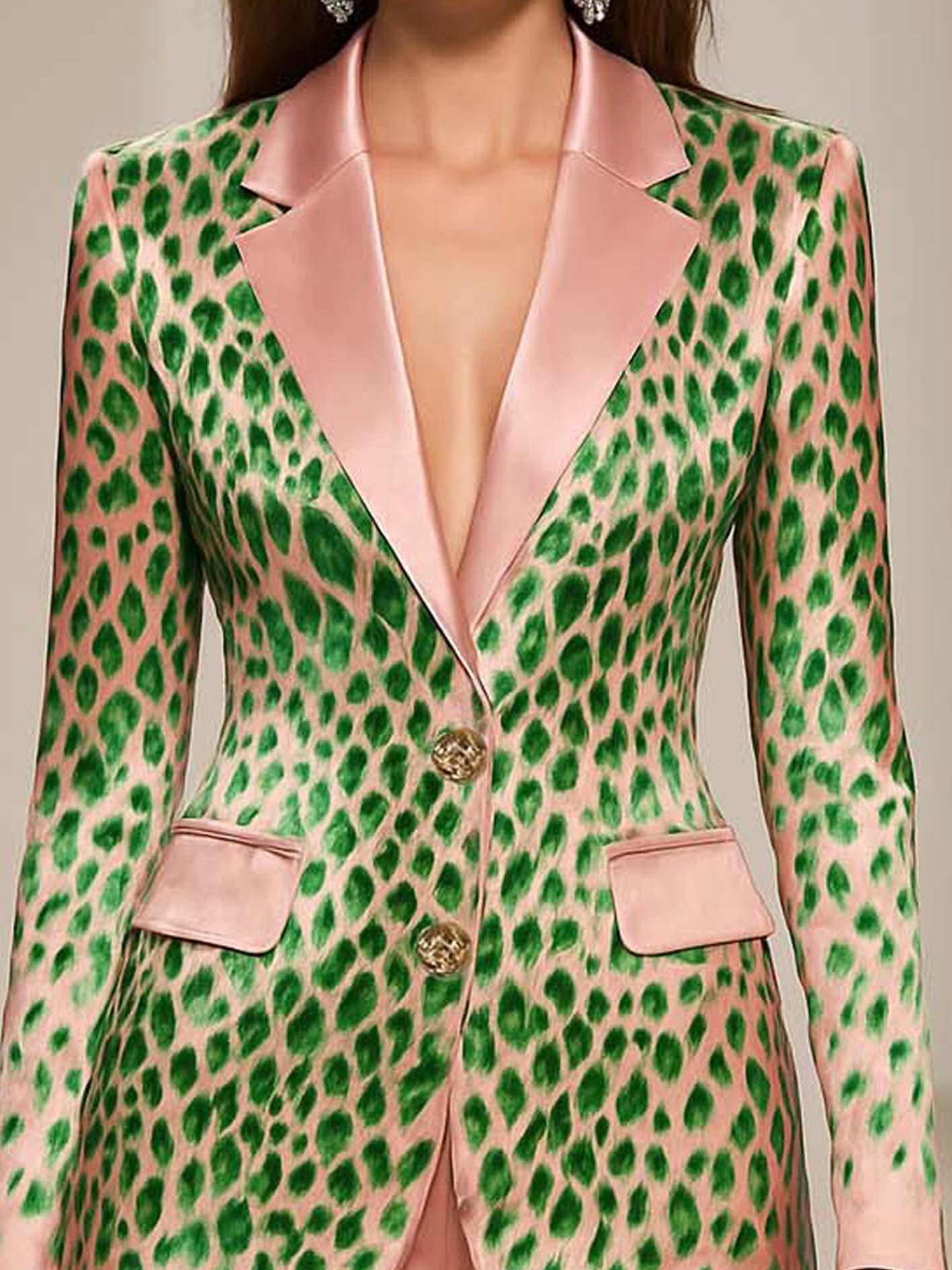 Pink Satin Blazer With Green Leopard Print