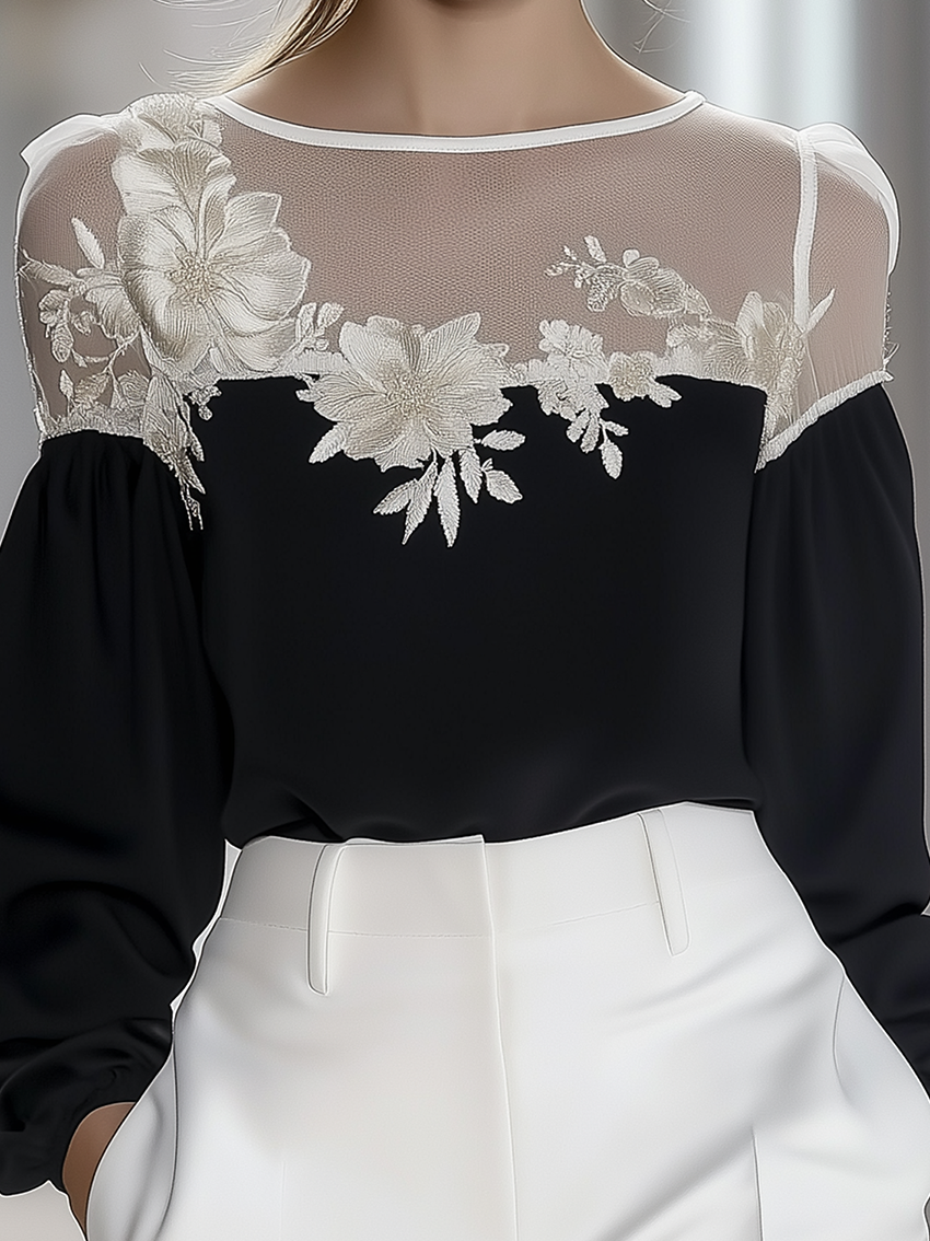 Black Chiffon Shirt With Light Gold Embroidery With White Mesh Stitching At The Neckline