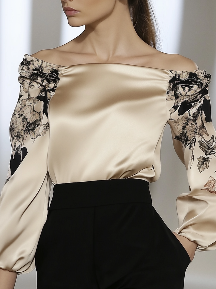 Off Shoulder Champagne Satin Shirt With Black Print Sleeves