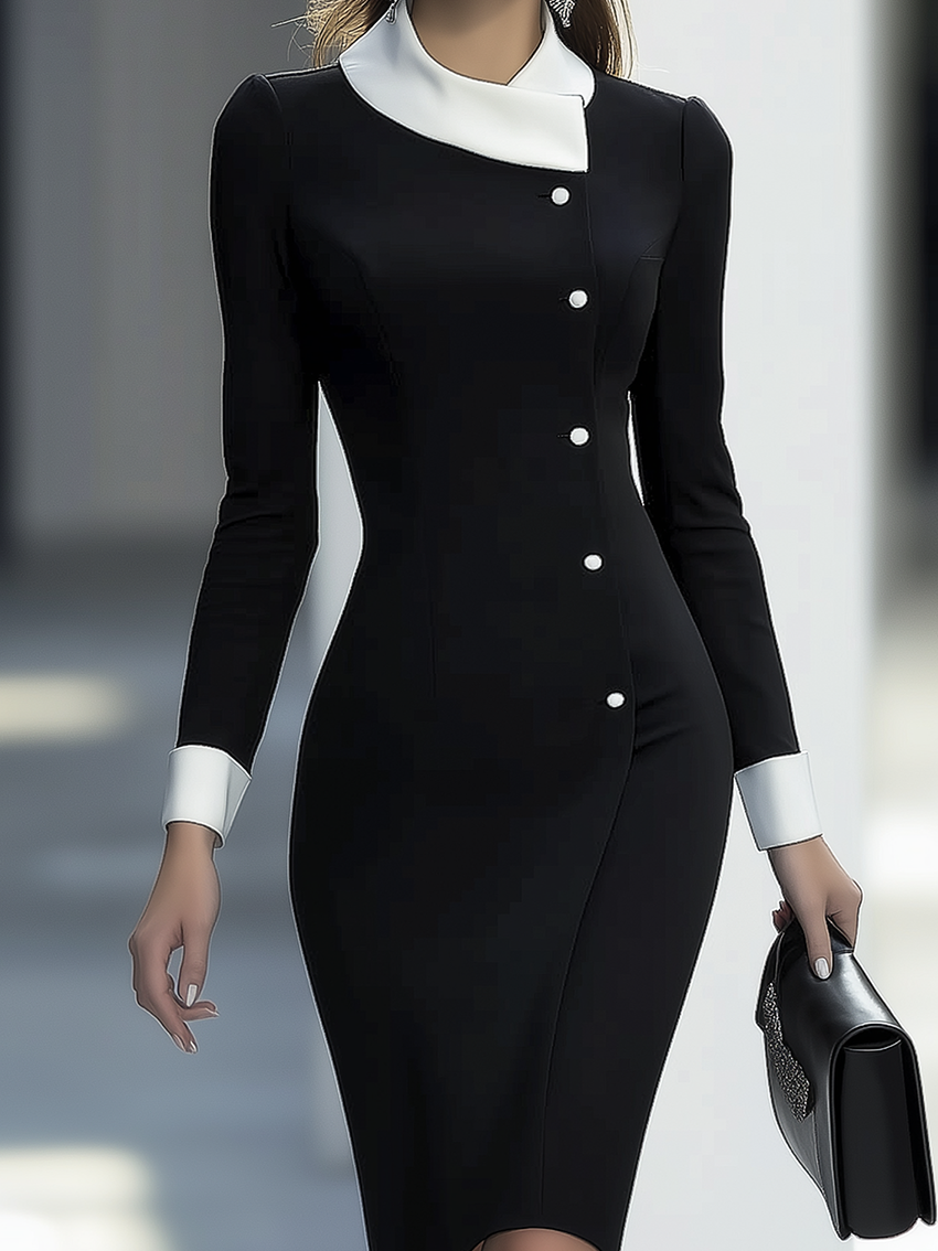 Black Midi Bodycon Dress With White Neckline And Cuffs