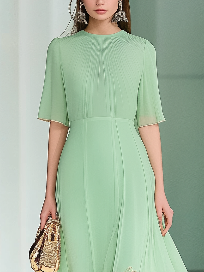 Mint Green Chiffon Dress With Gold Lace Embellishment At Bottom