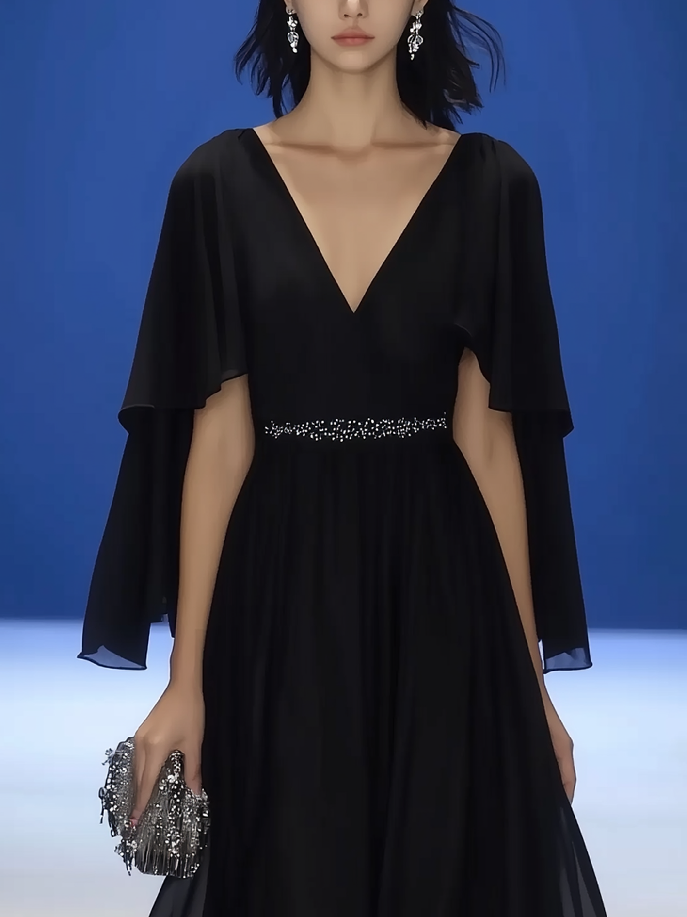 Black Chiffon Maxi Dress With Embellishment At The Waist