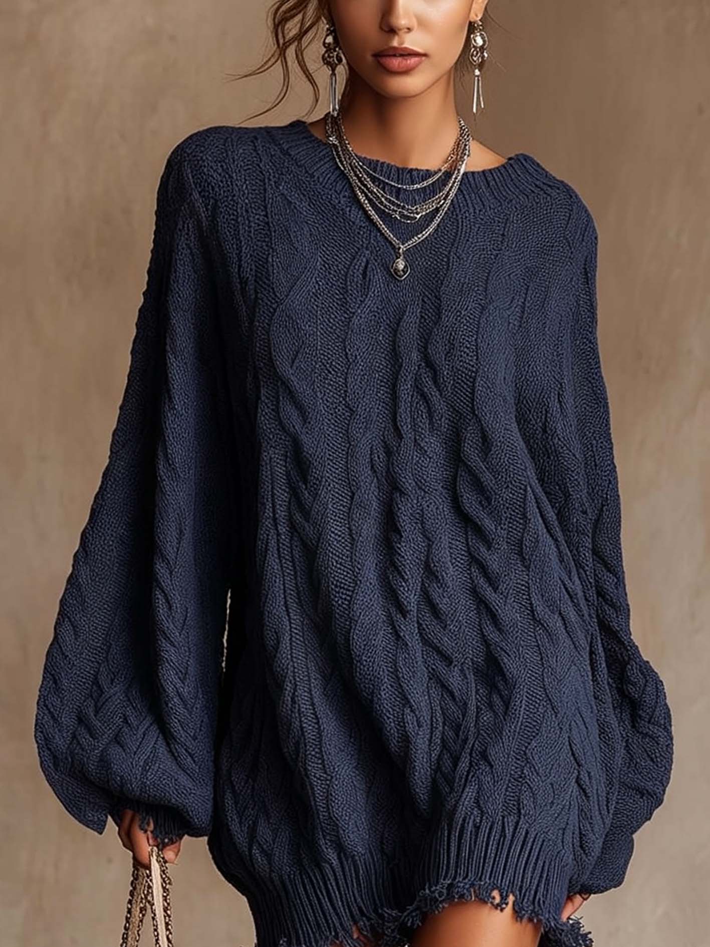 Navy Cable Knit Mini Sweater Dress With Fringe Hem