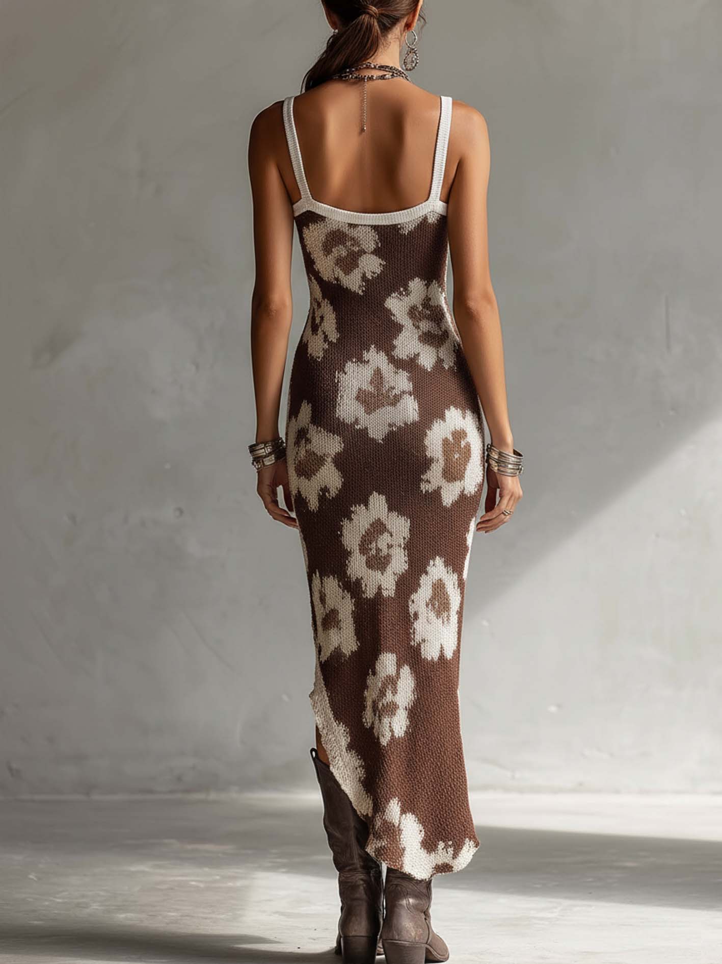 Brown Floral Knit Bodycon Dress Sleeveless Side Slit Vintage Boho Style Dress