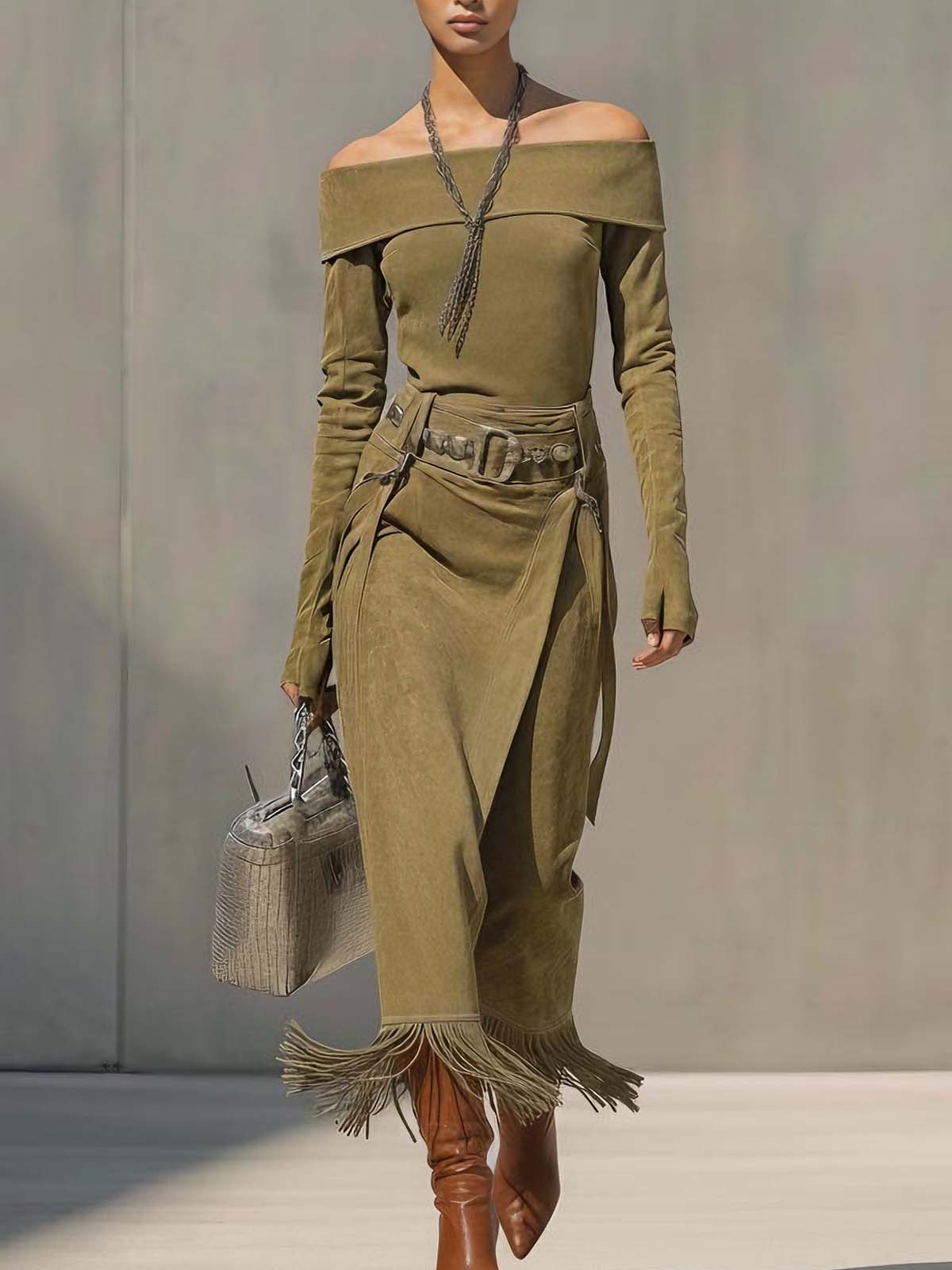 Olive Green Faux Suede Off-shoulder Tassel Side Slit Skirt Set