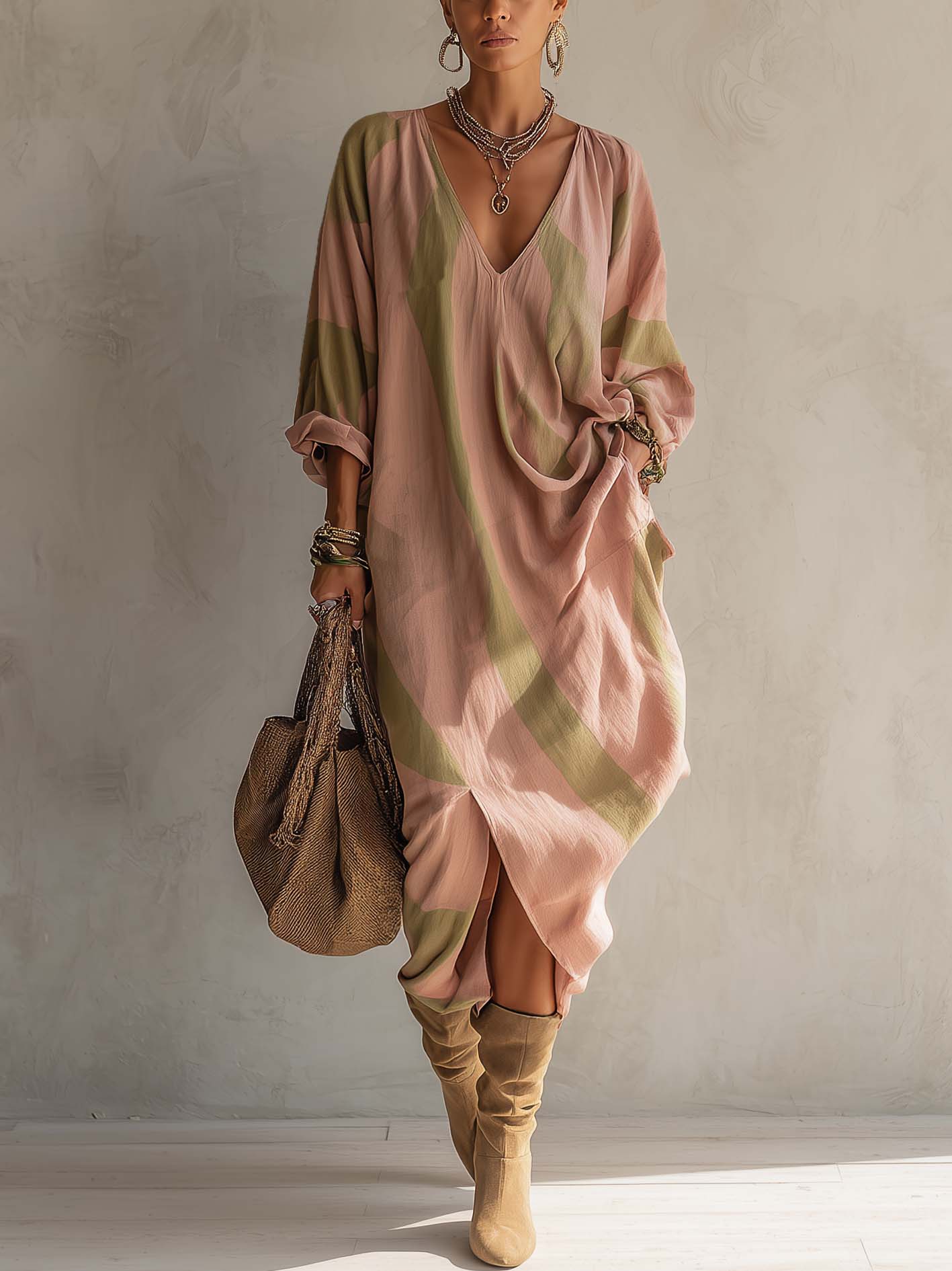 Dusty Pink Green Stripe Cotton Linen V-Neck Midi Dress
