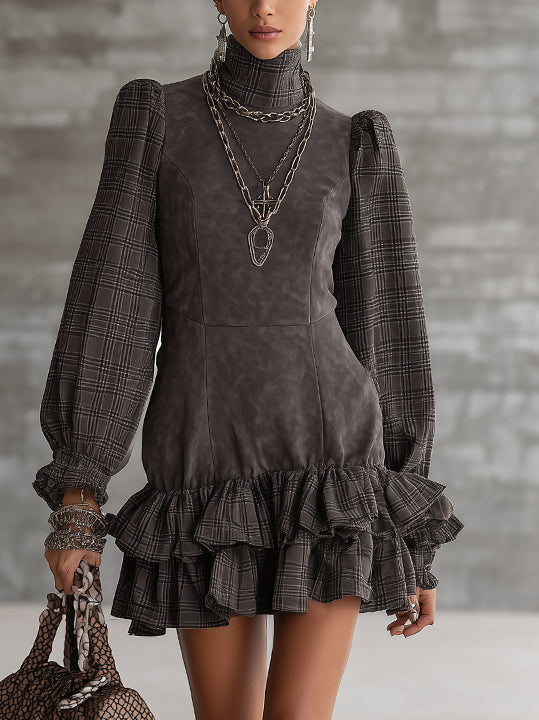Plaid Puff Sleeve Faux Suede Mini Dress With Layered Ruffle Hem