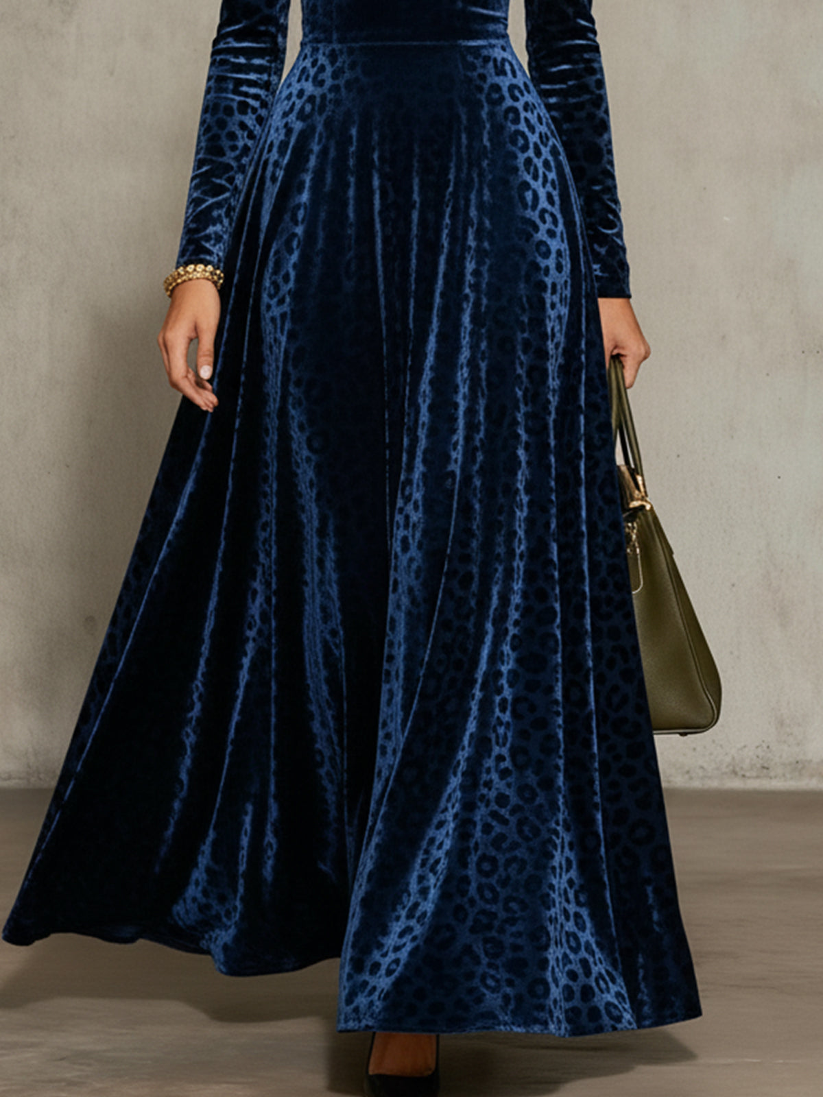 Blue Velvet Leopard Print Maxi Dress With Cut-Out Shoulders