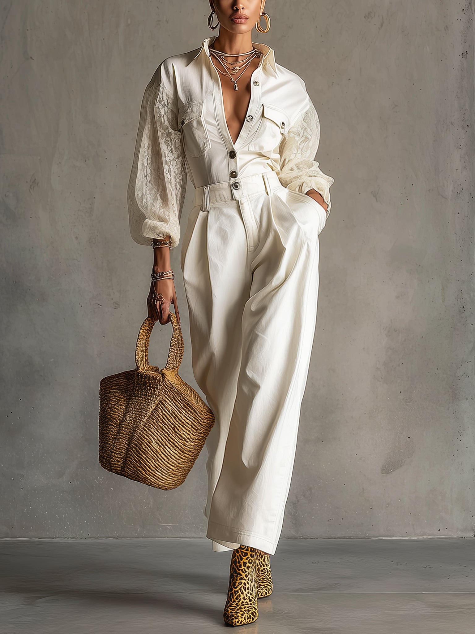 Ivory Cotton Set With Chiffon Sleeves And Silver Buttons