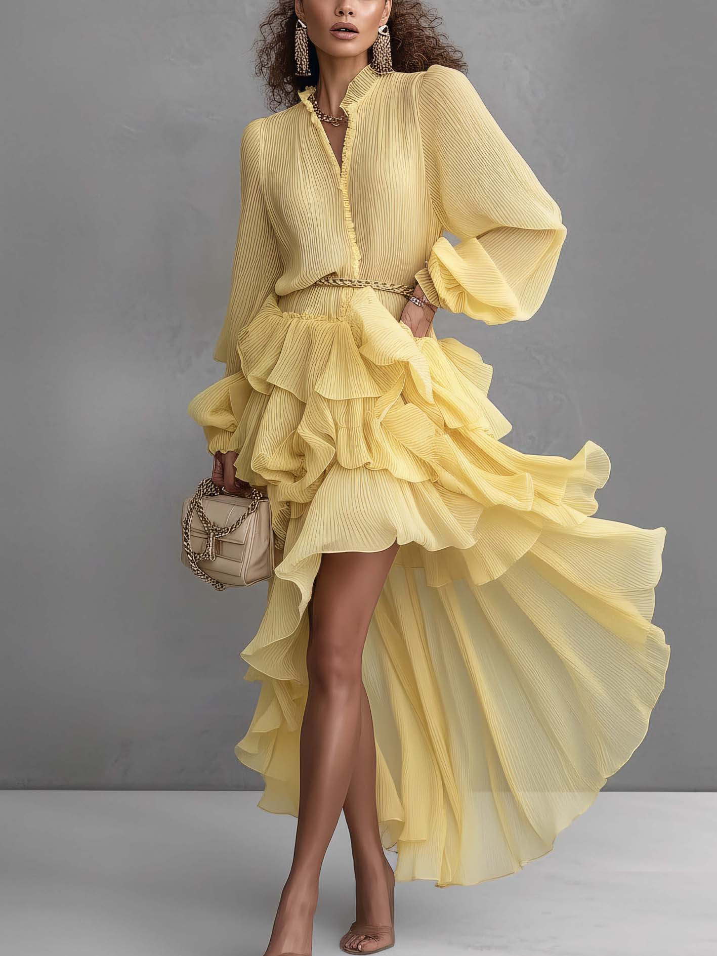 Yellow Textured Chiffon Patchwork Ruffle Irregular Hem Maxi Dress