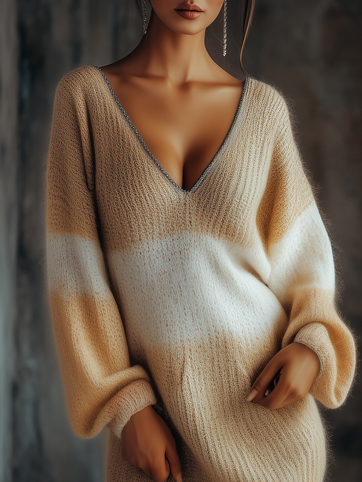 Beige And White V-Neck Sweater Dress