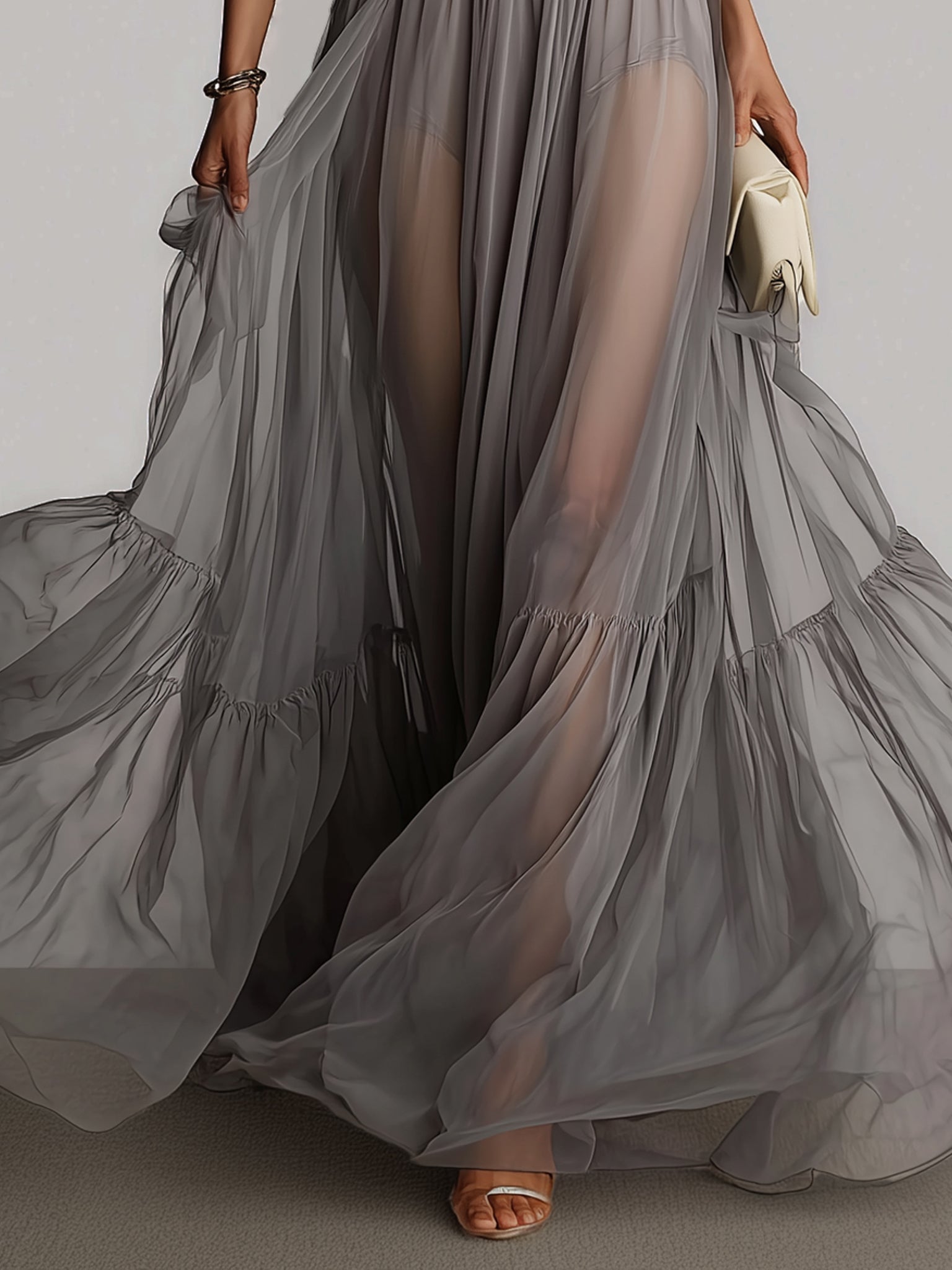 Ethereal Gray Sheer Chiffon Maxi Dress