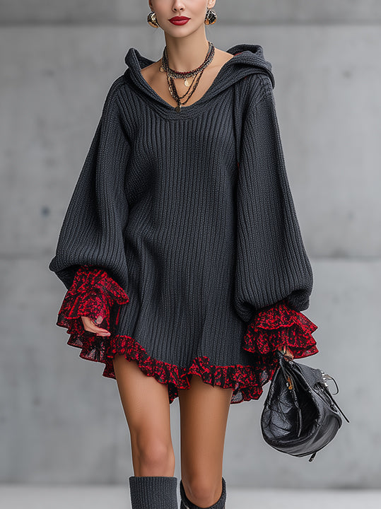 Gray Knit Hoodie Mini Dress With Red Flounce Trim