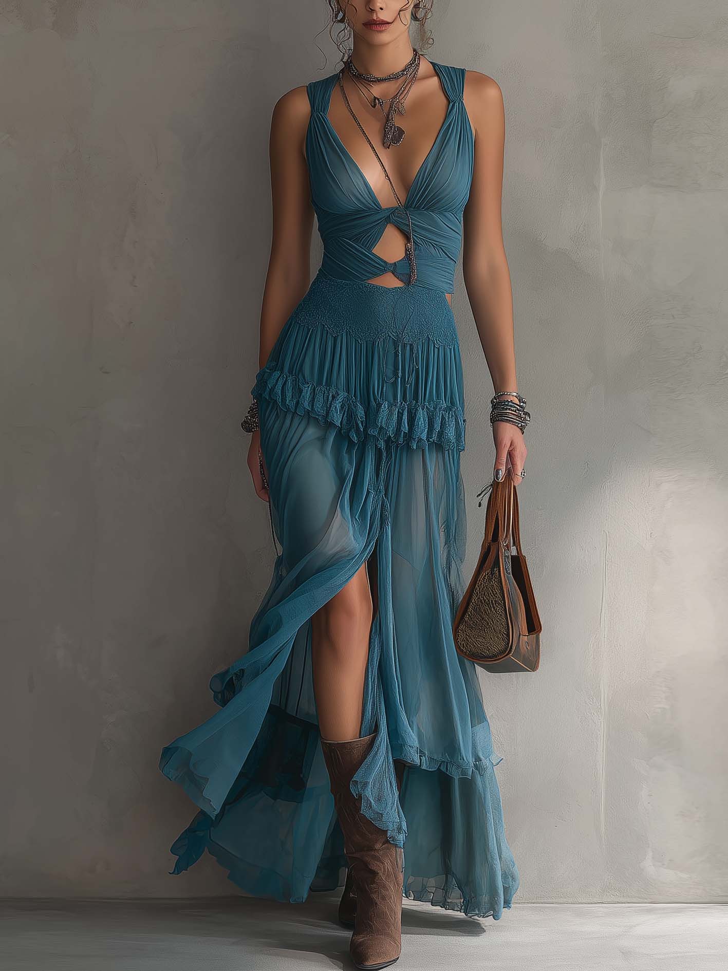 Peacock Blue Lace Chiffon Maxi Dress Women Hollow Out Ruffle