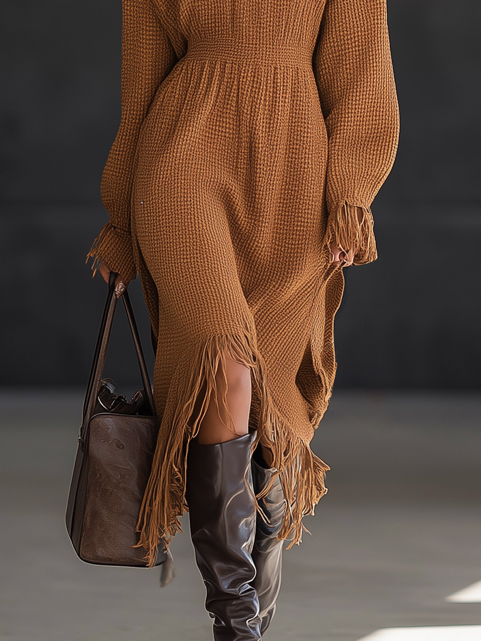 Caramel Waffle Knit Fringe Long Sleeve Midi Dress