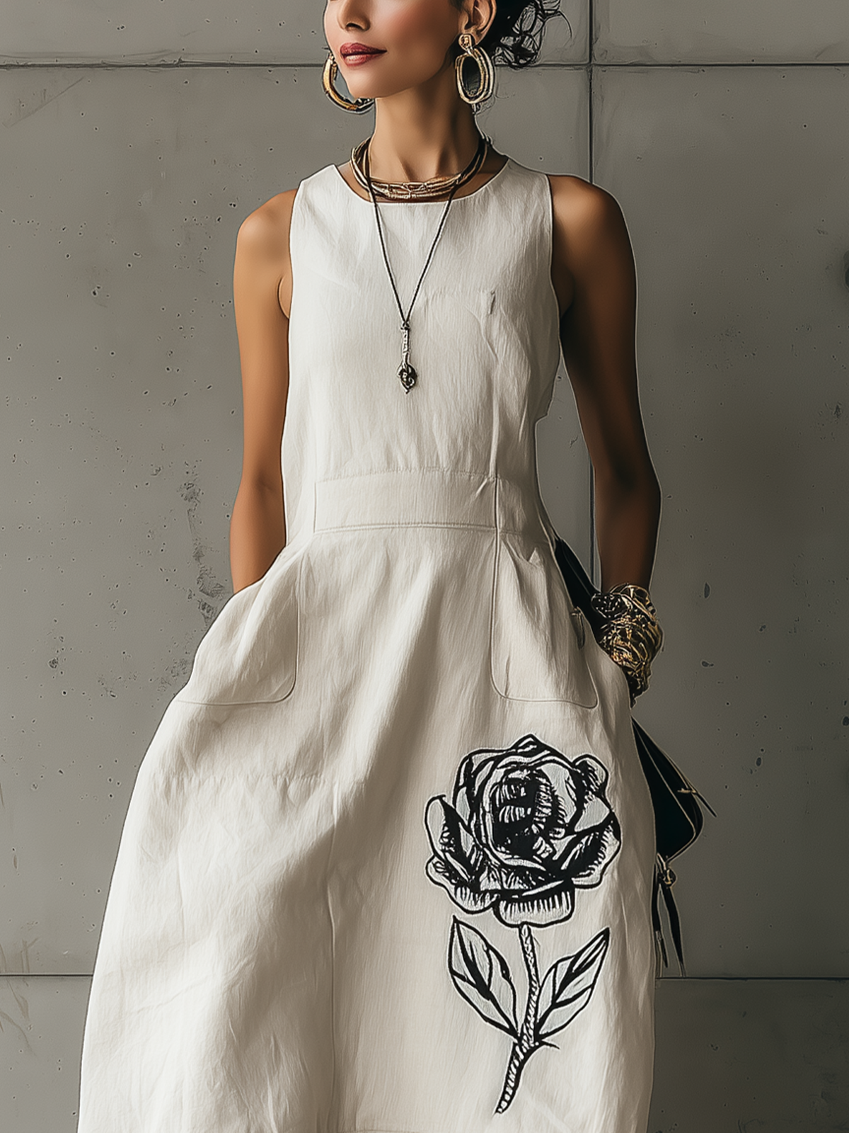 White Floral Embroidered High-Neck Batwing Maxi Dress