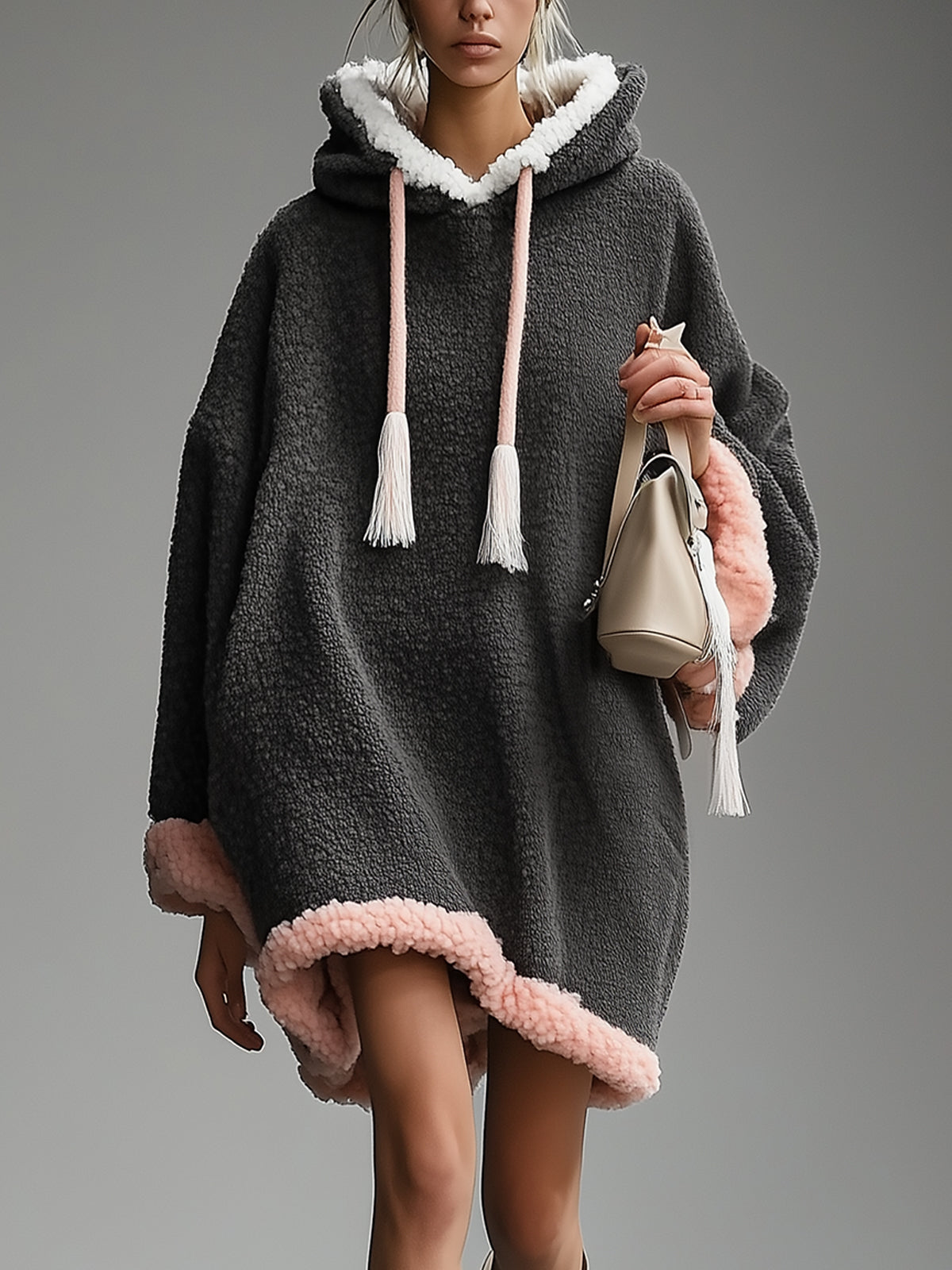 Gray Oversized Fleece Hoodie Dress With Contrast Trim