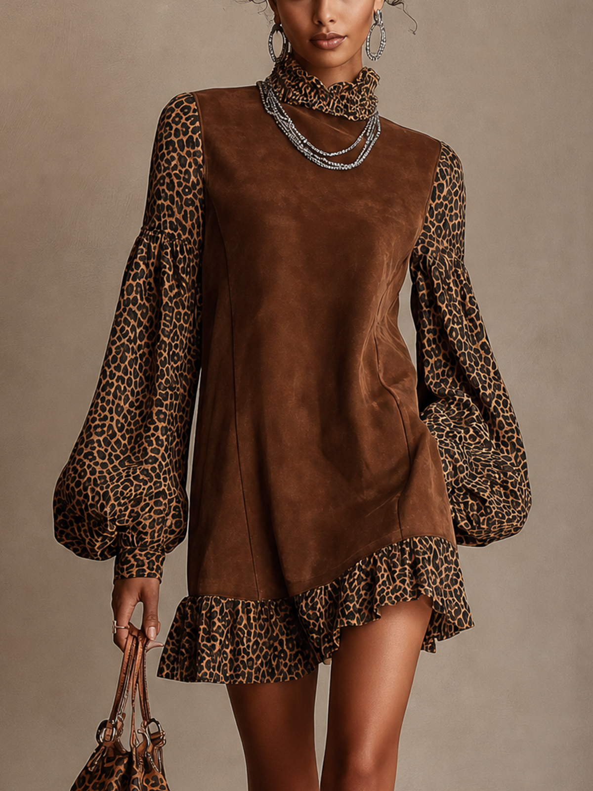 Brown Faux Suede Leopard Print Mix Puff Sleeve Ruffle Mini Dress