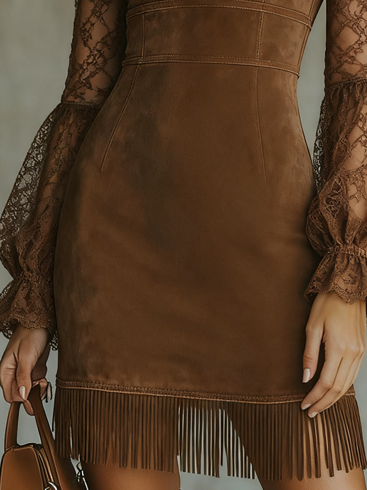Brown Faux Suede Mini Dress With Lace Sleeves And Fringed Hem