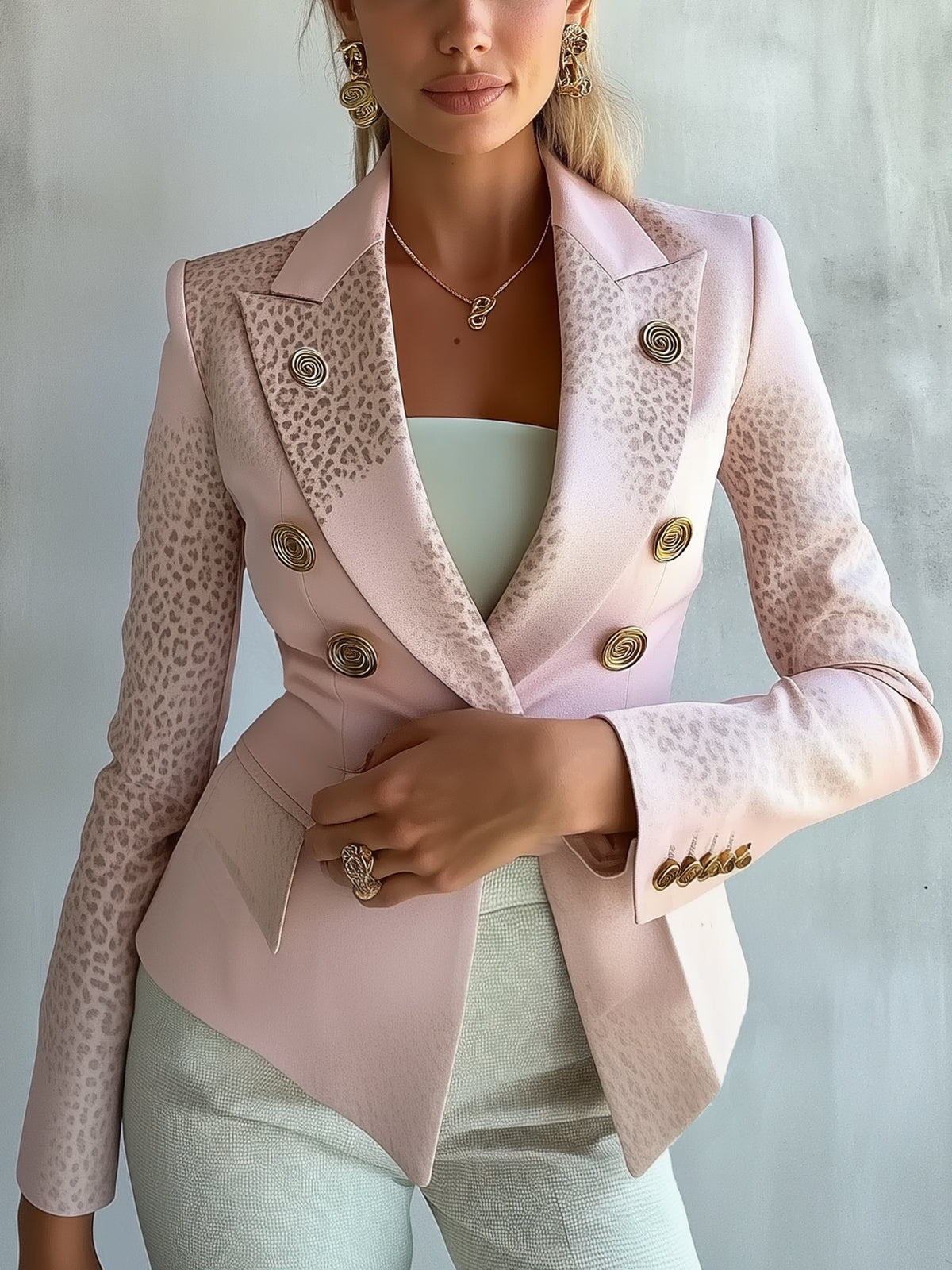 Pink Leopard Print Trim Double Breasted Blazer