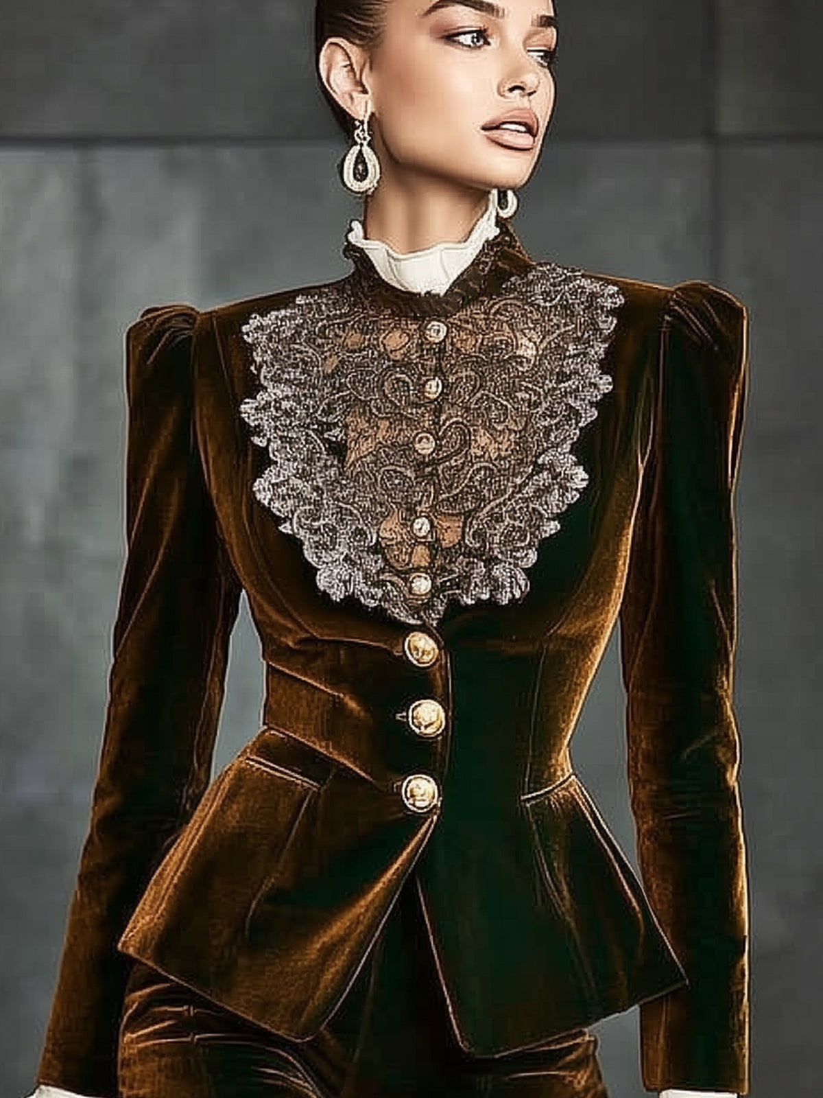 Bronze Brown Velvet Blazer With A Gorgeous Tailored Lace Front