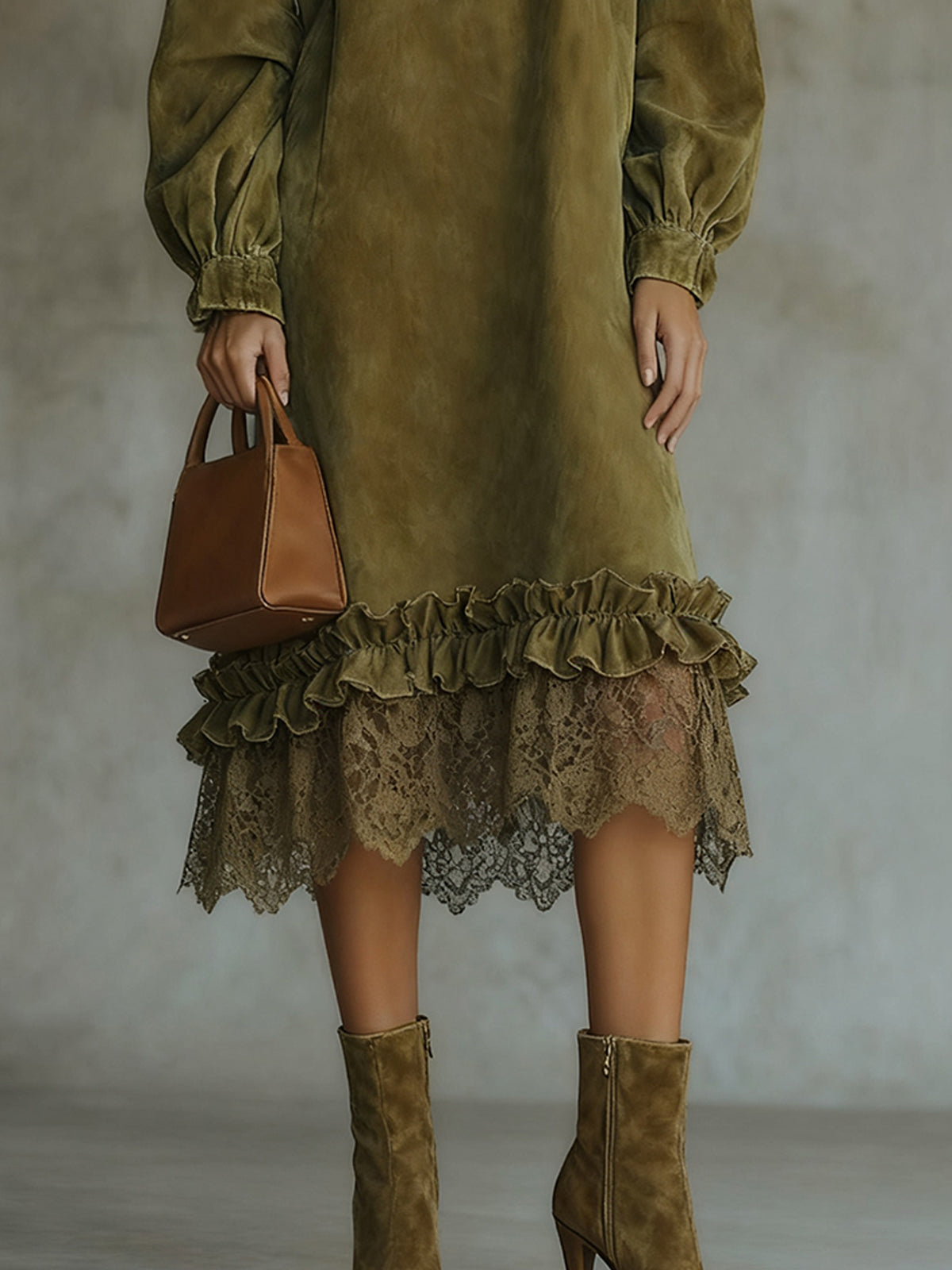 Army Green High Neck Square Suede Maxi Dress With Lace Hem