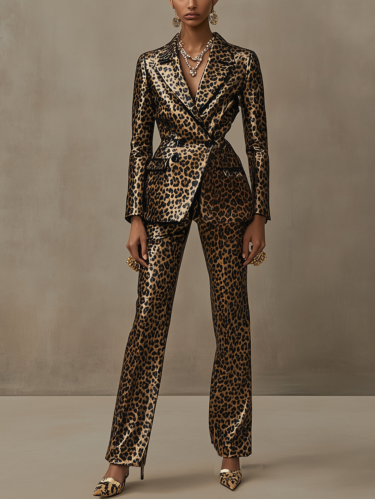Gold Leopard Print Double Breasted Blazer Suit