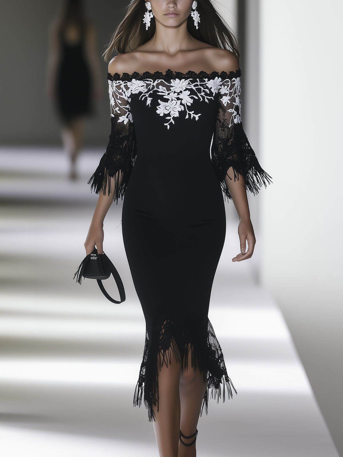 Black Lace Floral Embroidered Tassel Off Shoulder Half Sleeve Midi Dress